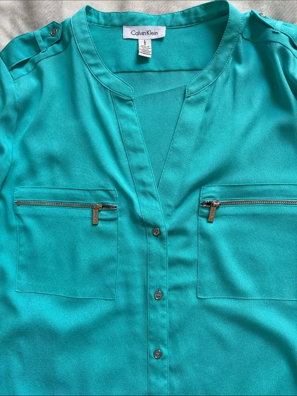 Calvin Klein Women's Teal Button-Down Shirt with Zip Pockets